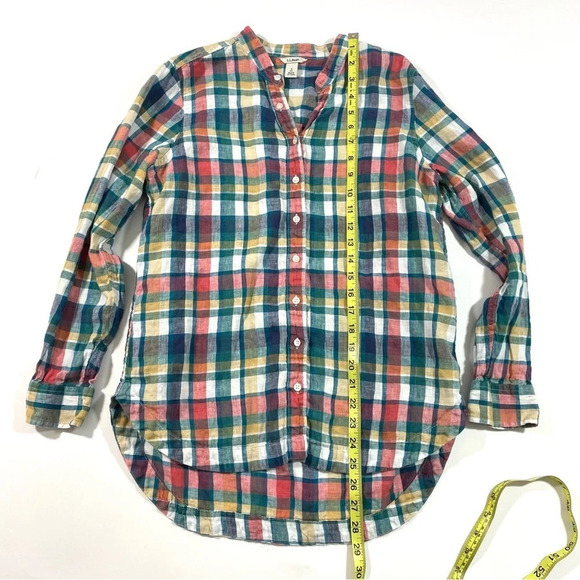 LL Bean Linen V Neck Button Front Tunic Shirt Plaid - Picture 5 of 6